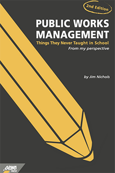 Public Works Management books cover - black with a gold pencil drawing - Author is Jim Nichols